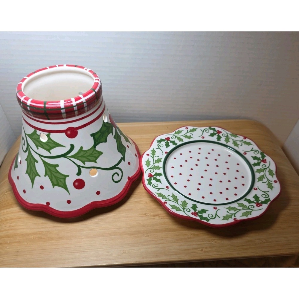 Large Yankee Candle Topper Shade & Plate - Holly & Dots Plaid Red Green